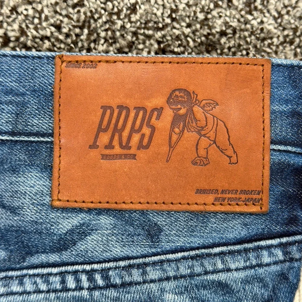 PRPS Barracuda Jean Shorts Mens 34/18 Long Blue Denim Distressed Button Fly Jort